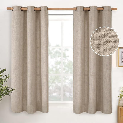 YoungsTex 48 Inch Length Linen Curtains for Short Window, Oatmeal Burlap Light Filtering Drapes with Bronze Grommet Privacy for Kitchen Living Room Window, 42 x 48 Inch, 2 Panels
