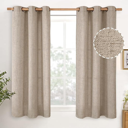 YoungsTex 48 Inch Length Linen Curtains for Short Window, Oatmeal Burlap Light Filtering Drapes with Bronze Grommet Privacy for Kitchen Living Room Window, 42 x 48 Inch, 2 Panels