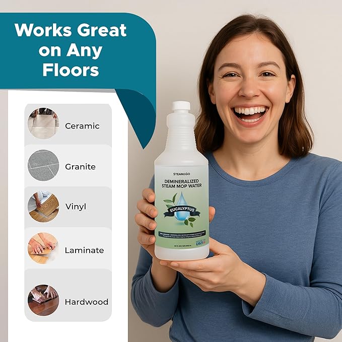 Steam & Go Demineralized Water Cleaning Solution for Floor & Multi-Surface Steam Cleaners - Compatible for All Steam Mops - Eucalyptus Mint Scent, 32 oz, Pack of 6