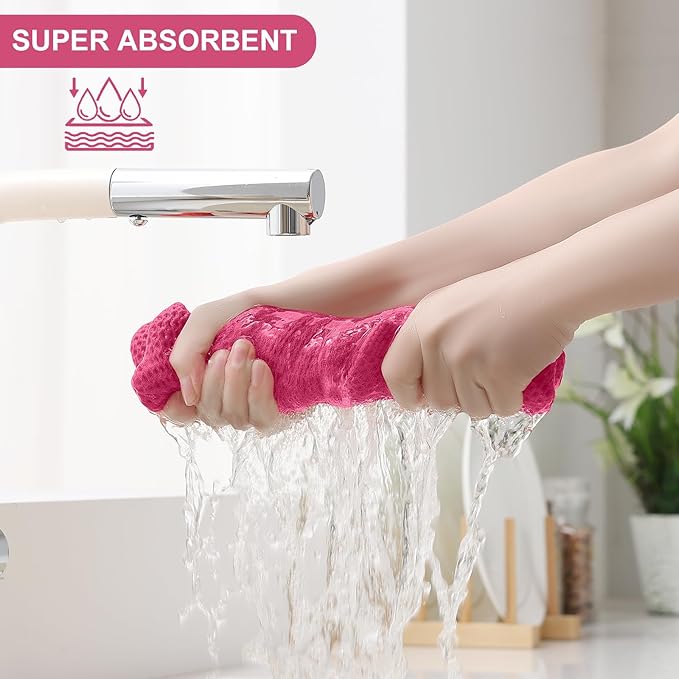 Homaxy 100% Cotton Kitchen Towels and Dishcloths Set, 12 x 12 Inches and 13 x 28 Inches, Set of 12 Bulk Kitchen Towels Set, Ultra Soft Absorbent Dish Cloths for Washing Dishes, Hot Pink