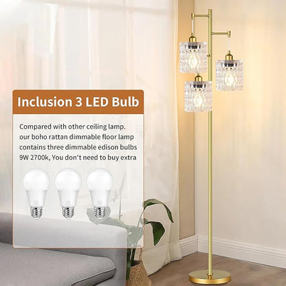 Gold Floor Lamp for Living Room,Modern Floor Lamps with Transparent Glass Shades,68IN Tall Mid Century Standing Lamp with Bulbs,3 Lights Vintage Tree Floor Lamps for Bedroom Corner Office