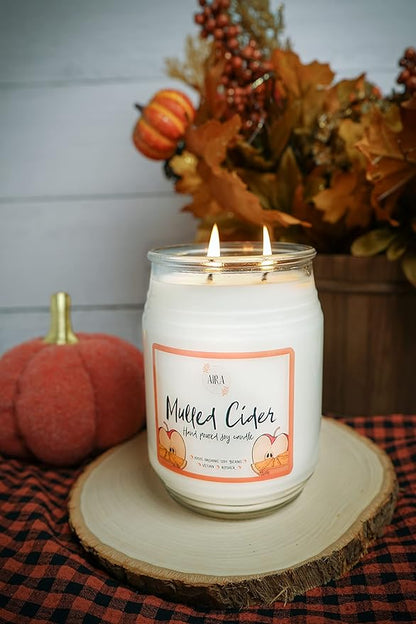 Aira Soy Candles - Organic, Kosher, Vegan, in Farmhouse Jar w/Essential Oils - Hand-Poured 100% Soy Candle - Double Wick, Paraffin Free, Burns 150+ Hours - Fall Candle - Mulled Cider - 20 Ounces