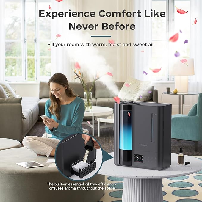 BREEZOME 8L Humidifiers for Bedroom, Smart Warm & Cool Mist for Large Room Home, Top Fill Ultrasonic Humidifier, Humidity Sensor, Essential Oil, 65H Runtime, Quiet for Baby, Plants, Fast Relief