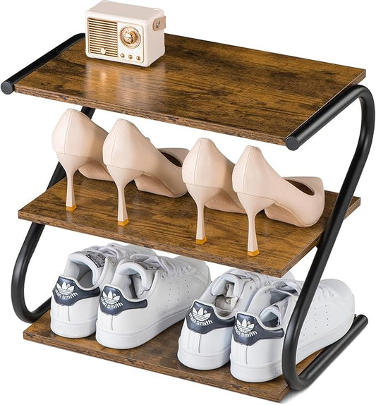 Small 3-Tier Shoe Rack, Z-Frame Wooden Shoe Shelf with Durable Metal Shelves for Hallway, Living Room, Closet, Bedroom (17.2”)
