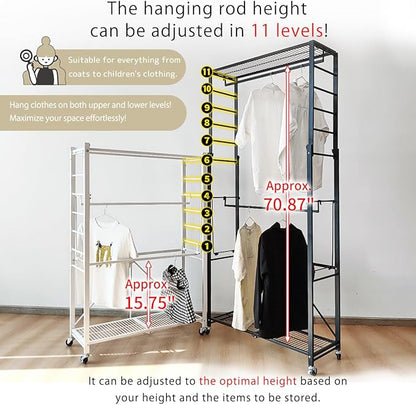 lumizone Folding Clothing Rack with Wheels Expandable Wardrobe Portable Clothes Rack for Hanging Clothes Adjustable Closet Shelves Garment Rack Durable Closet Racks for Hanging Clothes (Pro Black)