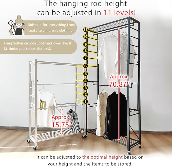 lumizone Folding Clothing Rack with Wheels Expandable Wardrobe Portable Clothes Rack for Hanging Clothes Adjustable Closet Shelves Garment Rack Durable Closet Racks for Hanging Clothes (Pro White)