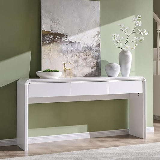 63'' Console Table with 3 Drawers, Modern Entryway Table with Curved Profile Design, Narrow Long Wood Sofa Table Behind Couch Table for Living Room, Hallway, Foyer, White