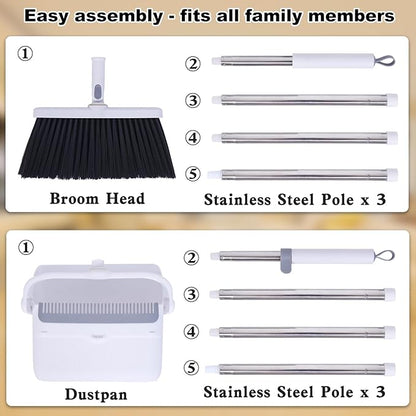 Upgrade Broom with Dustpan Combo Set Heavy Duty, Ergonomic Adjustable Handle, Cleaning Teeth, Ideal for Pets, Indoor and Outdoor Sweeping（White）