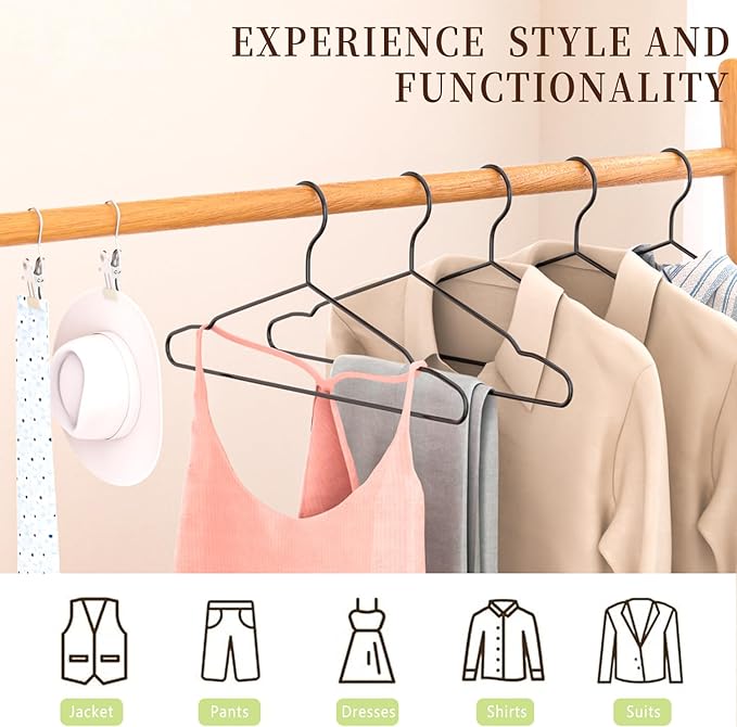 40Pack+5 Clips Luxurious Hanger Set ，16.69" Heavy Duty Matte Black Metal HangersWithstands 50lbs Weight Smooth Powder Coated Finish Compact Shirt Hangers