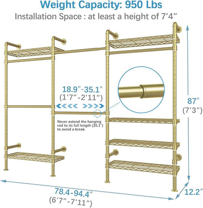 Timate F3 Garment Rack Heavy Duty Clothes Rack for Hanging Clothes, Expandable Industrial Pipe Wall Mounted Clothing Rack, Adjustable Storage Closet Wardrobe Closet Kit Walk in Closet Systems, Gold