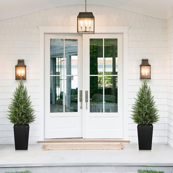 Briful Artificial Cedar Topiary Trees 4ft, Set of 2 Faux Potted Christmas Porch Trees Cypress Sbrubs, UV-Resistant Front Door Greenery in Tall Black Planter for Indoor Outdoor Holiday Décor