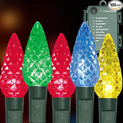 100LED C6 Lights,Green Wire,Waterproof Battery Case,Multi Functions,Timer,Multi（2 Sets - Each 50 Count LED）