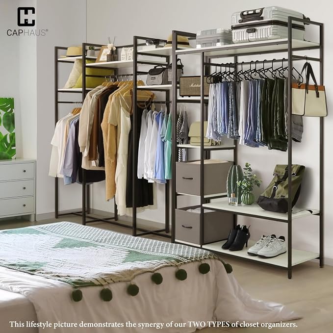 CAPHAUS 913lbs Capacity Heavy Duty Clothing Rack, 75" W Metal Garment Rack with Drawers Hanging Rods and Wood Shelves, Freestanding Closet Organizer, White Board