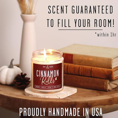 Cinnamon Candle, Fall Candles, Christmas Candles - 'Cinnamon Rolls' Autumn Scented Soy Candle for Home, 9oz Reusable Jar, 50Hr Burn, Made in USA