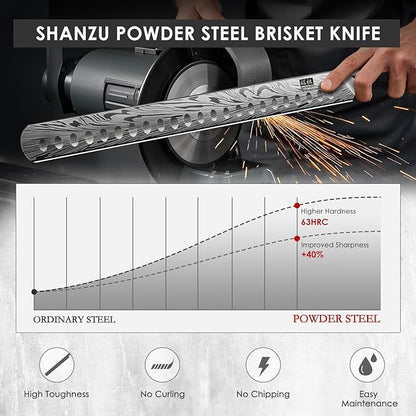 SHAN ZU Brisket Knife in Powder Steel, 12 Inch Carving Knife for Meat Cutting, Turkey and BBQ, Slicing Knives with Ergonomic Pakkawood Handle, Ultra Sharp Meat Knives