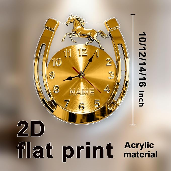 Personalized Horseshoe Name Wall Clock for Horse Lovers 2D Acrylic Printing Custom Name Clock Decorative Wall Clocks Suitable for Reception Rooms Conference Rooms Offices (Golden Horseshoe)