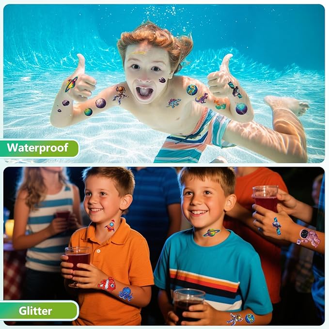 150+ Kids Glitter Temporary Tattoos for Boys – Individually Wrapped, Waterproof Tattoo Stickers – Mermaid, Dinosaur, Animal, Ocean, Space & More