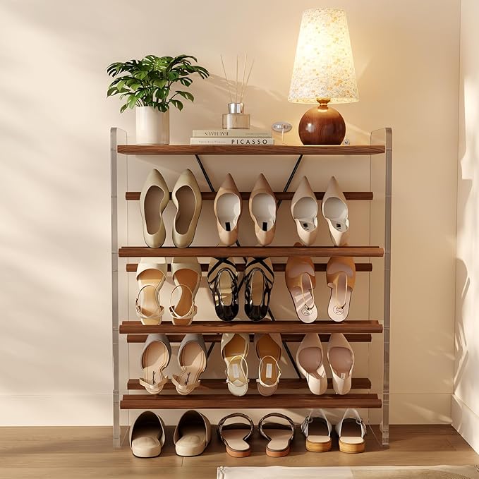 Free Standing Shoe Rack & Closet Shoe Shelf, for Entryway Small Space, Front Door, Garage, 4-Tier Slanted, Solid Wood & Acrylic Frame with Top Shelf Storage