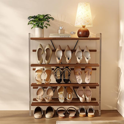 Free Standing Shoe Rack & Closet Shoe Shelf, for Entryway Small Space, Front Door, Garage, 4-Tier Slanted, Solid Wood & Acrylic Frame with Top Shelf Storage