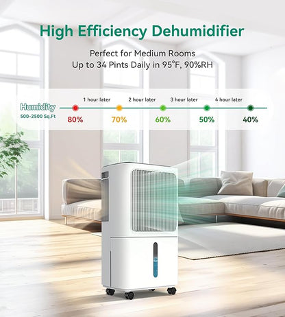 2500 Sq.Ft Dehumidifiers for Home with Drain Hose Max 34 Pints, VEAGASO Dehumidifier for Basement, Large Room, Bathroom, Bedroom, Three Modes, Intelligent Humidity Control, Dry Clothes, 24HR Timer