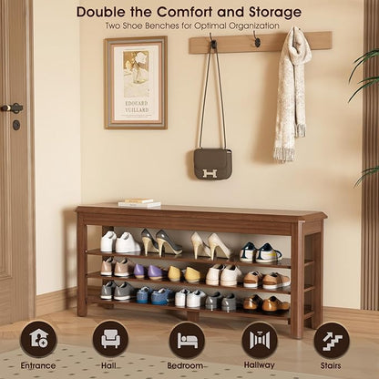Shoe Rack Bench Seat Rubberwood 3-Tier Wooden Storage Bench 550lbs Compact Mid-Century Modern Design for Entryway, Hallway, Closet, Front Door Entrance, Foyer