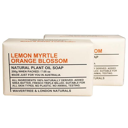 Wavertree & London Lemon Myrtle & Orange Blossom Scented Natural Soap Bars (2 Bars), 7oz Moisturizing French Triple Milled Soap enriched with shea butter - Bath & Body Bars [100% Naturally derived]