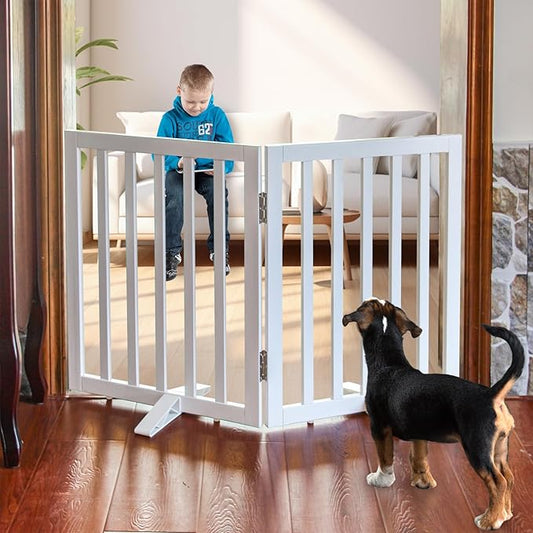 Dog Gate Indoor, Freestanding Dog Fence for The House, Doorways, Hallways,or Stairs,Pet Gate Foldable Wooden,Expandable 24" Height 2 Panels,White