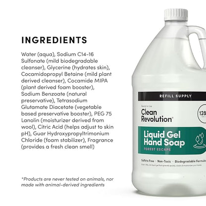 Clean Revolution Liquid Gel Hand Soap, Silky Rich Liquid, Quick Lather, Fast Rinsing, Contains Real Essential Oils (Forest Escape) 128 Fl Oz