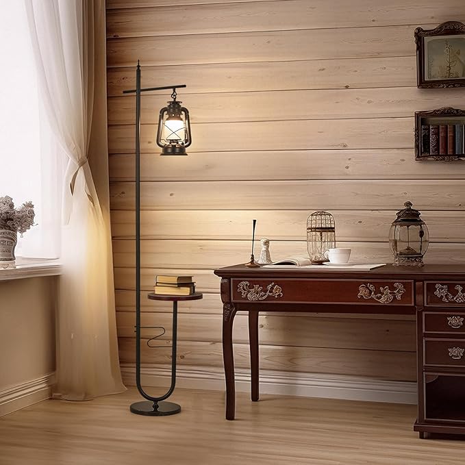 Vintage Rustic Tall Pole Lamp with Silk Fabric Shade,Led Bulb for Living Room Bedroom Office