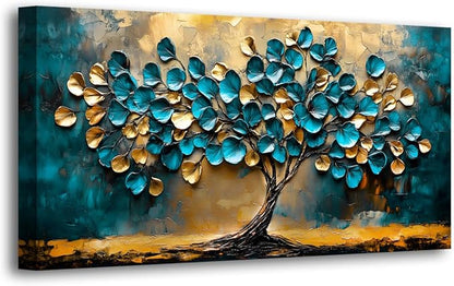 Tree of life Teal Gold Leaf Pictures Canvas Wall Art for Living room Office Bedroom Wall Decor,Abstract Wall Art Print Paintings Modern Blue Leaves Artwork Waterproof Ready to Hang-20x40inch