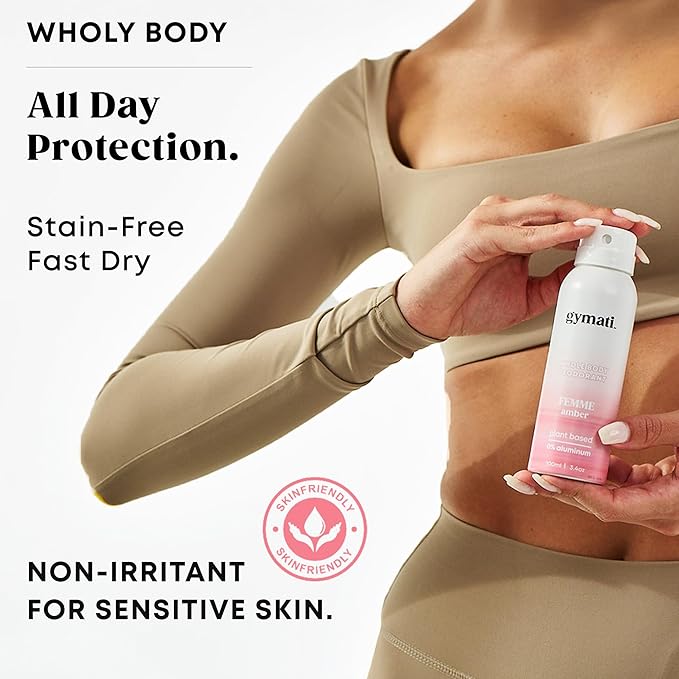 Gymati - Fitness Deodorant Spray for Women - Aluminum-Free - All Day Ultimate Odor Protection - Built For Sweat - Air-Powered - Vegan & Plant-Based - Made in USA - Femme - 3.4oz Travel Size