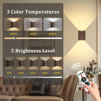 4 Pack Battery Powered Motion Sensor Wall Sconces: 5000mAh Rechargeable LED Wall Light with Remote, Magnetic Motion Sensored Stair Light Indoor Wireless Sconce for Hallway Bedroom Bedside, Walnut