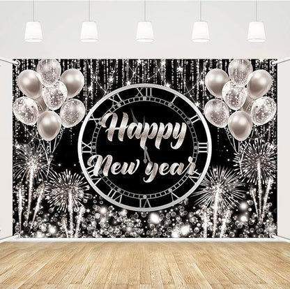 MEHOFOND Happy New Year Backdrop Hello 2024 NYE Cheers Party Decorations Sliver Black Photography Background Kiss Me at Midnight New Year's Eve Festival Party Supplies Photobooth Banner 8x6ft