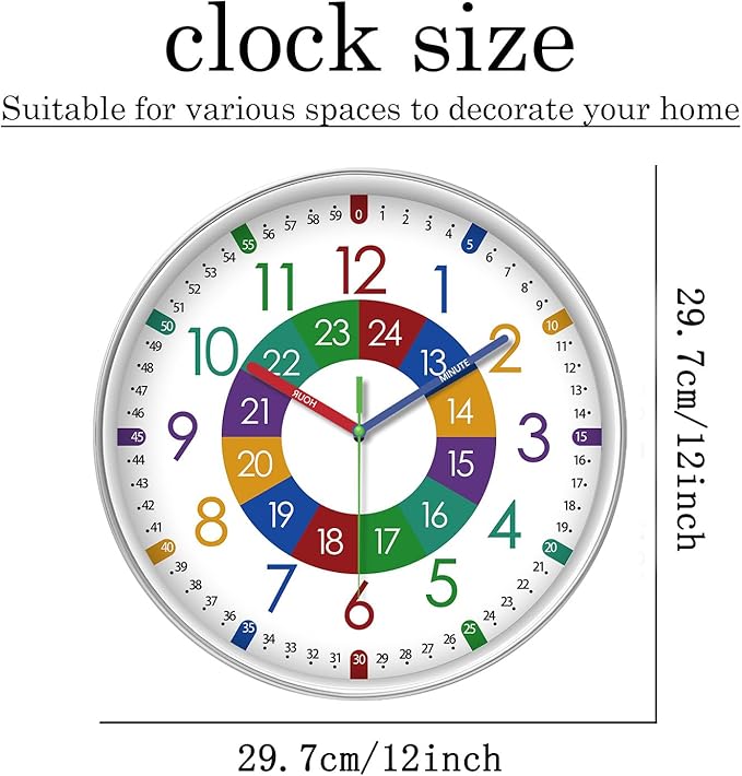 XFM Learning Clock for Kids Silent Non Ticking Battery Operated Colorful Teaching Time Clock 12 Inch Decorative Small Analog Clock for Kids Room Classroom School Playroom