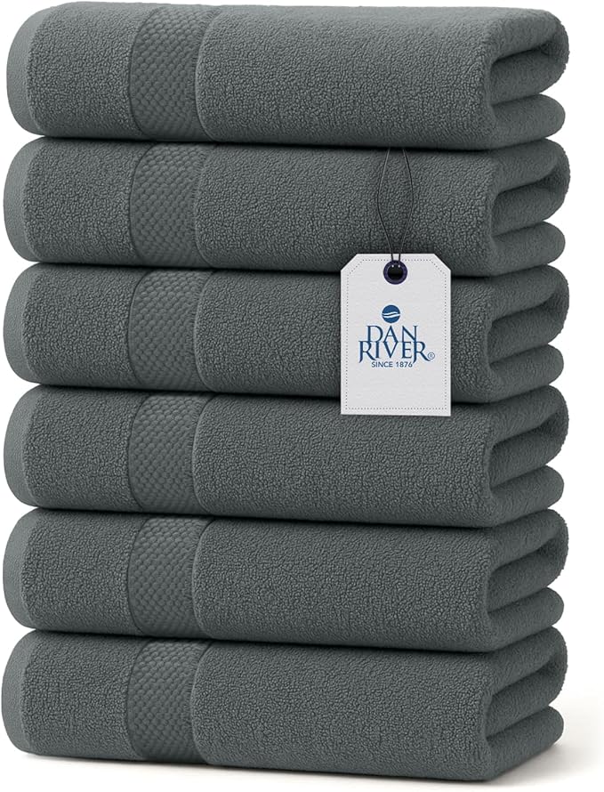 DAN RIVER 6-Pack Premium Hand Towels (16x28 Inches) - 100% Cotton, Ultra Soft, Lightweight, Highly Absorbent Towels for Bathroom, Spa, Gym, Salon, Hotel, and Travel - 550 GSM – Gray