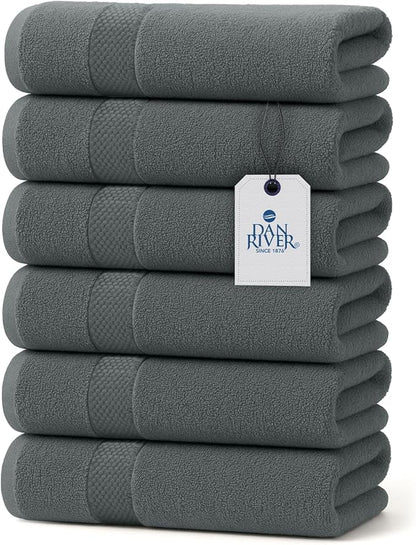 DAN RIVER 6-Pack Premium Hand Towels (16x28 Inches) - 100% Cotton, Ultra Soft, Lightweight, Highly Absorbent Towels for Bathroom, Spa, Gym, Salon, Hotel, and Travel - 550 GSM – Gray