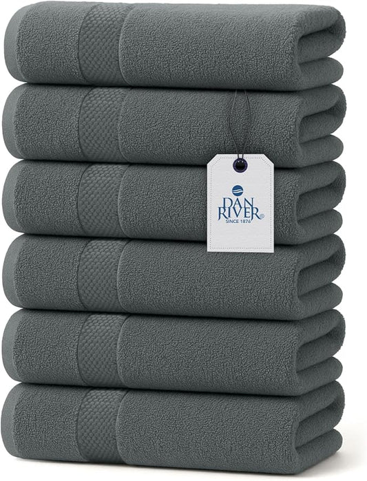 DAN RIVER 6-Pack Premium Hand Towels (16x28 Inches) - 100% Cotton, Ultra Soft, Lightweight, Highly Absorbent Towels for Bathroom, Spa, Gym, Salon, Hotel, and Travel - 550 GSM – Gray