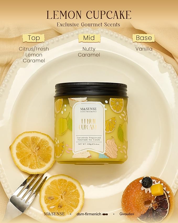 M&SENSE Lemon Vanilla Cookie Scented Candle, 11.6oz Natural Soy Wax, 70 Hours Long Lasting Clean Burn, Citrus Vanilla Scents for Kitchen Freshness, Holiday Gifts for Women Men, Warm Home Decor