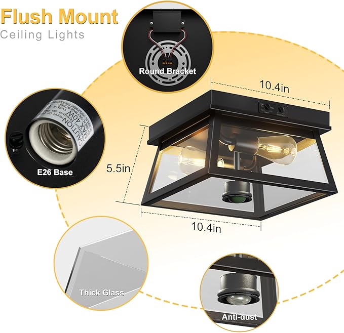 Motion Sensor Outdoor Ceiling Light, Flush Mount Black Porch Ceiling Lights Adjustable 2-Light Fixture with E26 Sockets, Closed Bottom, Glass and Metal for Garage, Patio, Hallway, Farmhouse