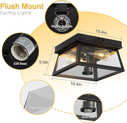 Motion Sensor Outdoor Ceiling Light, Flush Mount Black Porch Ceiling Lights Adjustable 2-Light Fixture with E26 Sockets, Closed Bottom, Glass and Metal for Garage, Patio, Hallway, Farmhouse