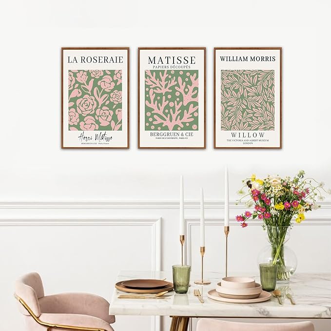 HLNIUC Matisse Picasso Framed Wall Art,Neutral Pink Green Flower Canvas Wall Decor Set of 3(16”x24’) William Morris Framed Wall Painting,Modern Aesthetic Pictures Art Print for Living Room,Bedroom