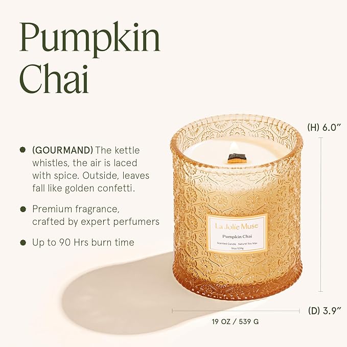 LA JOLIE MUSE Pumpkin Candle, Fall Candles for Home Scented, 19 oz Large Wood Wicked Candles, Natural Soy Candle Gifts for Men&Women, 90 Hours Long Burning, Pumpkin Chai