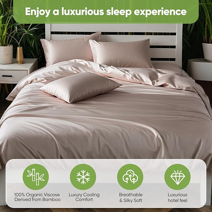 TWK Luxury Sheet Set, Genuine 100% Organic Viscose Derived from Bamboo, Cooling & Breathable, Silky Soft, Bedding Sheets & Pillowcases (Sand, Full)