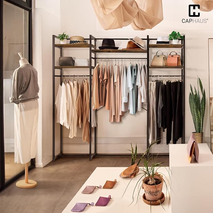 CAPHAUS 913lbs Capacity Garment Rack for Hanging Clothes, Heavy Duty Open Wardrobe w/Hanging Rods, Free Standing Closet Organizer, Clothing Rack, Metal Closet w/Wooden Boards, Rustic Oak Board