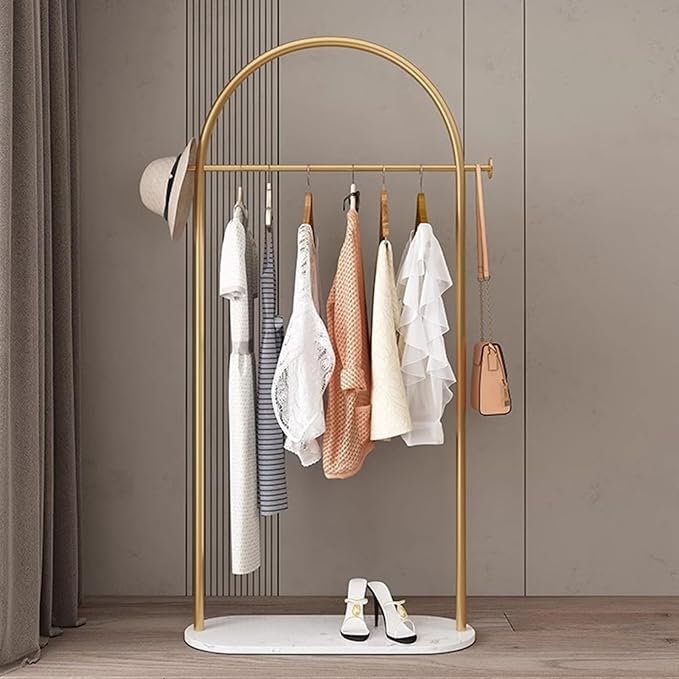 Gold clothing rack with Marble base. metal clothes racks for hanging clothes,heavy duty garment rack,Freestanding Coat Rack with 2 Hooks,for Bedroom, Bathroom, Living Room easy to assemble