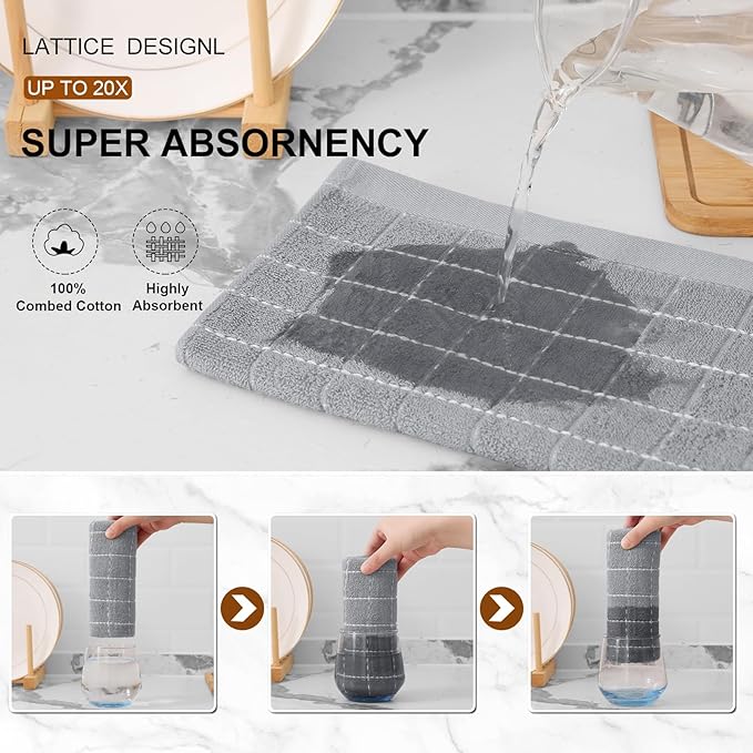 Mordimy 100% Cotton Terry Cloth Kitchen Towels, Super Soft and Absorbent Dish Towels for Drying, Checkered Designed Hand Towels for Kitchen, 16 x 26 Inches, 4 Pack, Light Grey