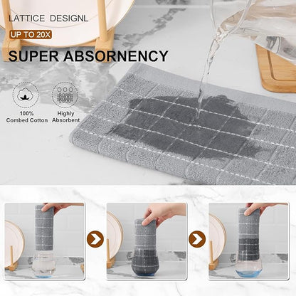 Mordimy 100% Cotton Terry Cloth Kitchen Towels, Super Soft and Absorbent Dish Towels for Drying, Checkered Designed Hand Towels for Kitchen, 16 x 26 Inches, 8 Pack, Light Grey