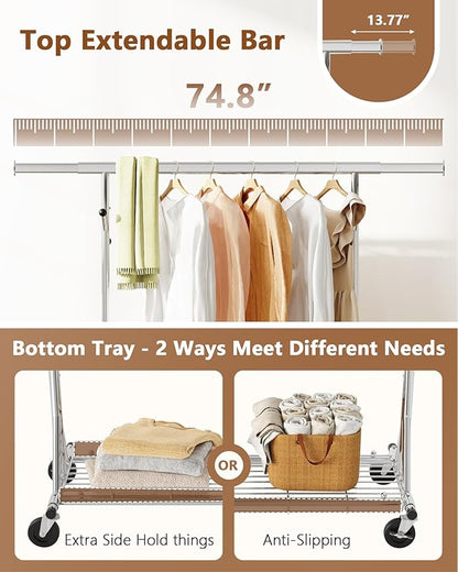 Hoctieon 1-Minute Assembly Clothes Rack, 480 lbs Heavy Duty Rolling Clothing Racks with Wheels, Foldable Garment Rack, Extendable Hanging Bar, Adjustable Metal Pole with Hooks, Chrome