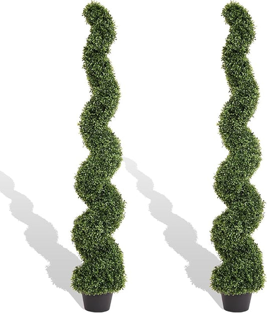 THE BLOOM TIMES 5ft Spiral Topiary Trees Artificial Outdoor Set of 2, Faux Boxwood Plants Outside - All-Year Green Fake Twisted Tree for Garden Front Porch Planter Decor 5 Foot