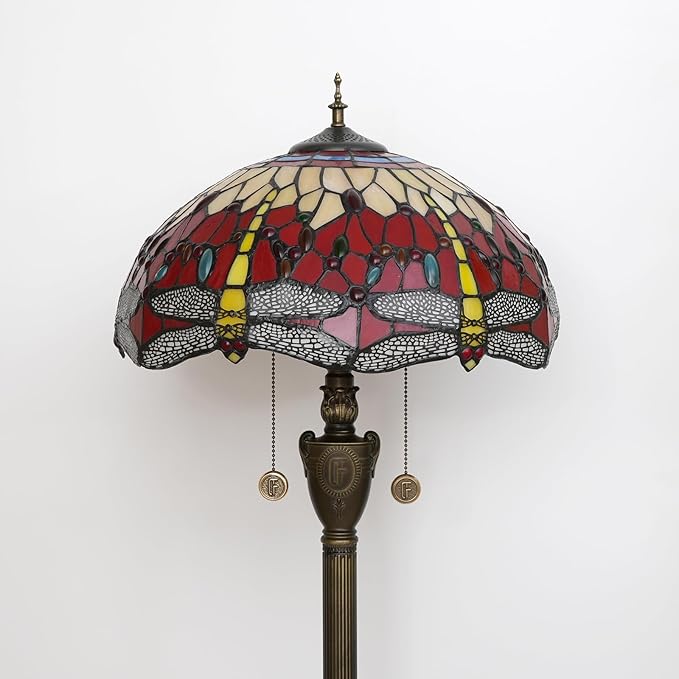 Tiffany Floor Lamp Dragonfly Red Stained Glass Floor Light Bright Lighting Rustic Standing Lamp Vintage Unique Bronze Reading Corner Lamp for Home Decor Living Room Bedroom 16X16X64 Inches